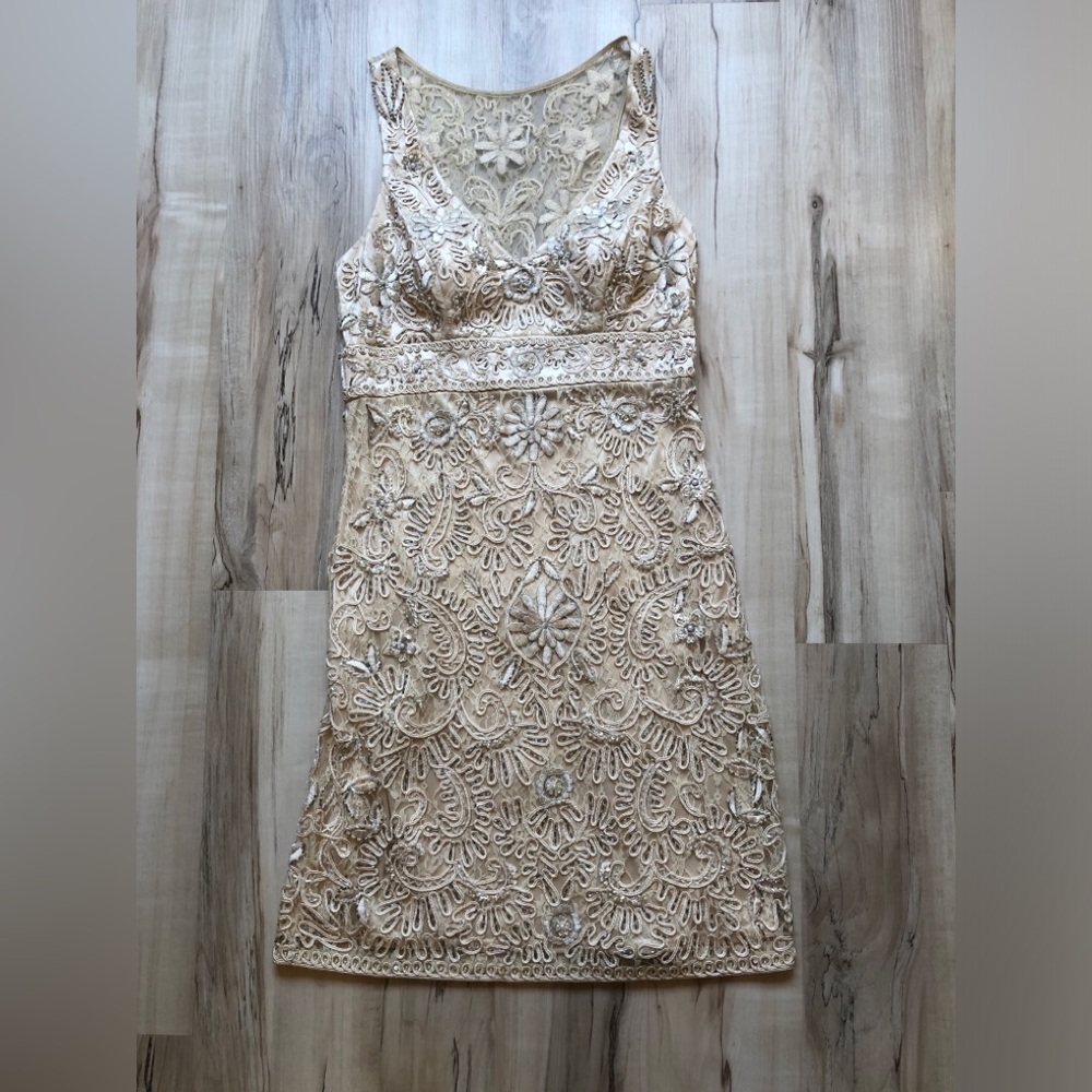 Sue Wong Nocturnes Dress 8 Champagne Beaded Soutache Lace Cocktail Formal